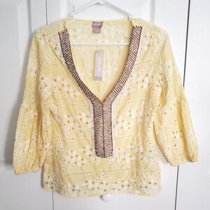 CHICOS Embroidered Yellow Blouse New with Tags